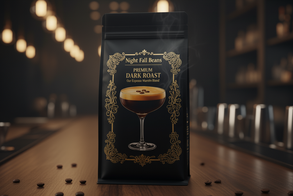Coffee bag labeled 'Night Fall Beans' on a wooden surface with blurred bar background