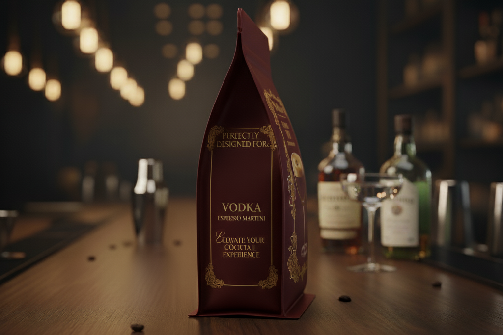 Vodka box on a bar counter with bottles and glasses in the background